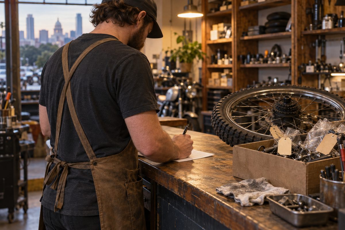 Mechanic in an apron writing up a parts order at the Xervilo counter
