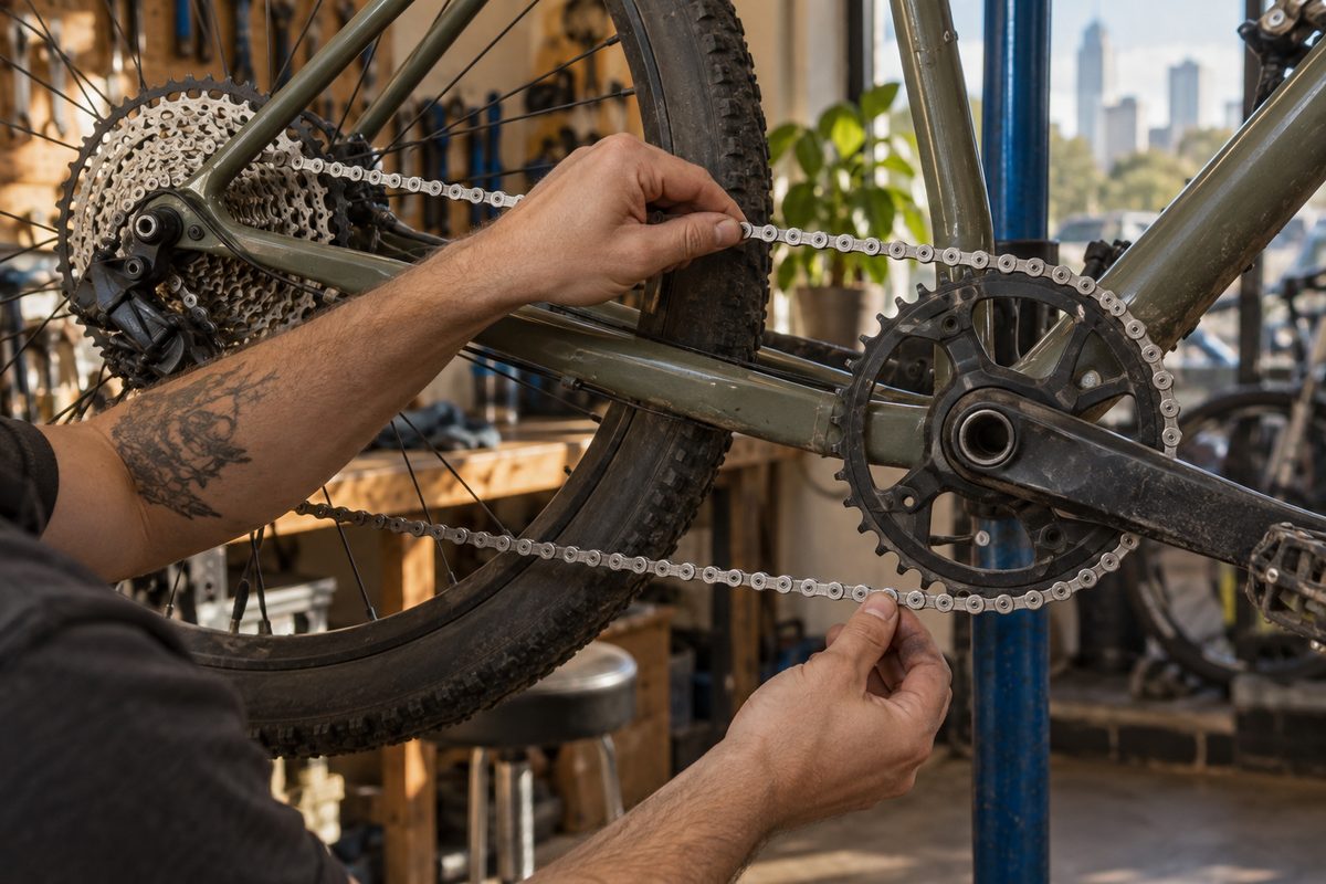 Hands sizing a new chain over the largest chainring and cog