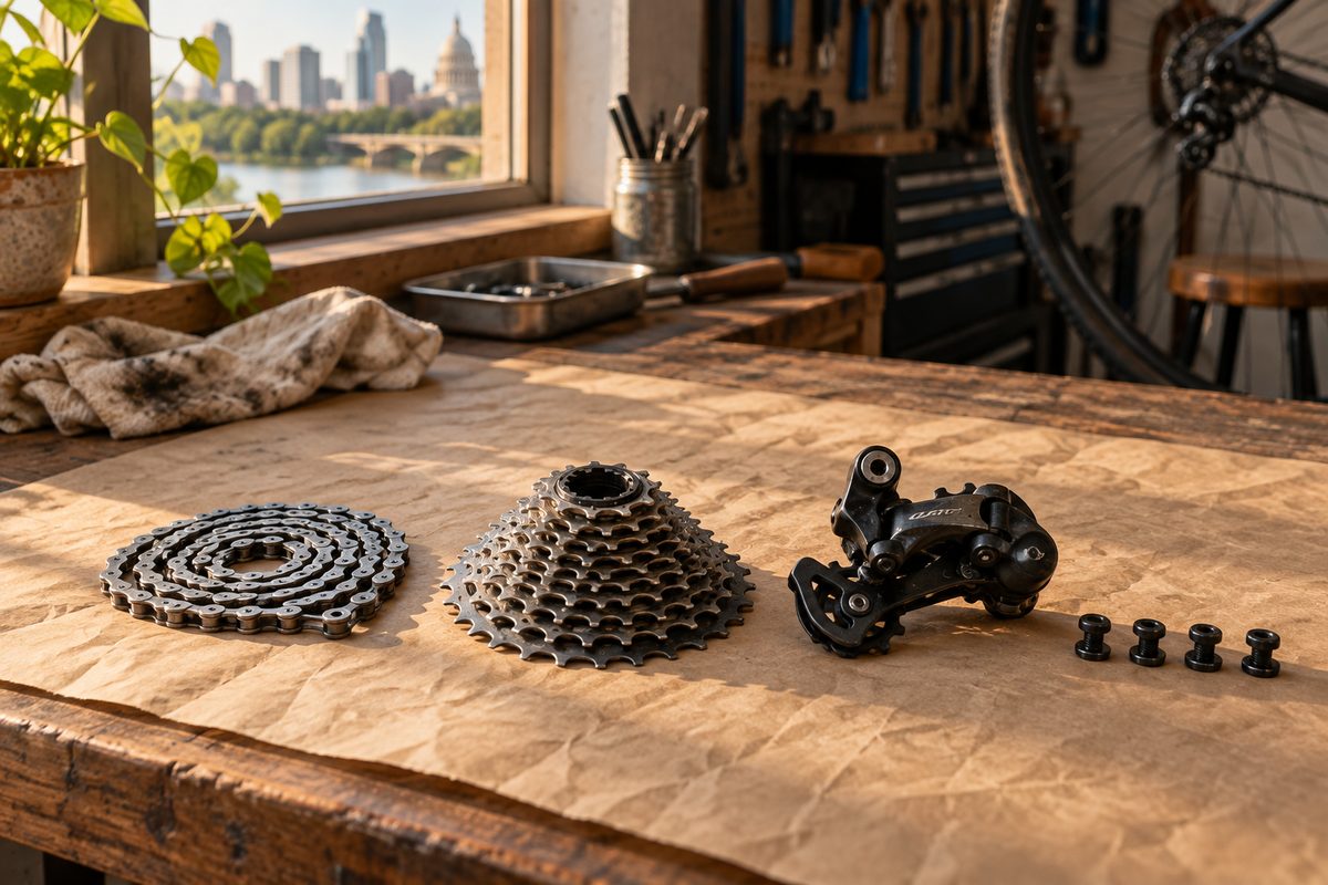 Bicycle chain, cassette and rear derailleur laid out on a paper-covered oak workbench