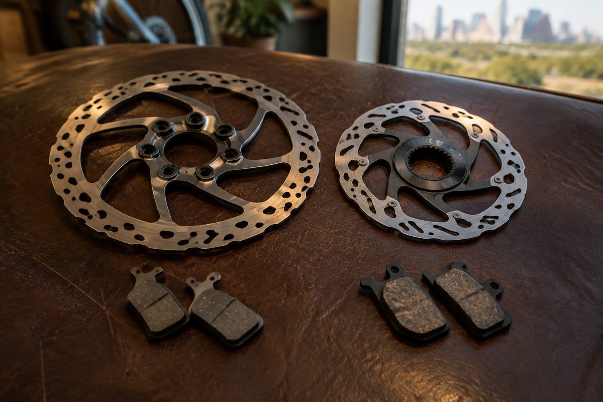 Two bicycle disc rotors with brake pad pairs on brown leather