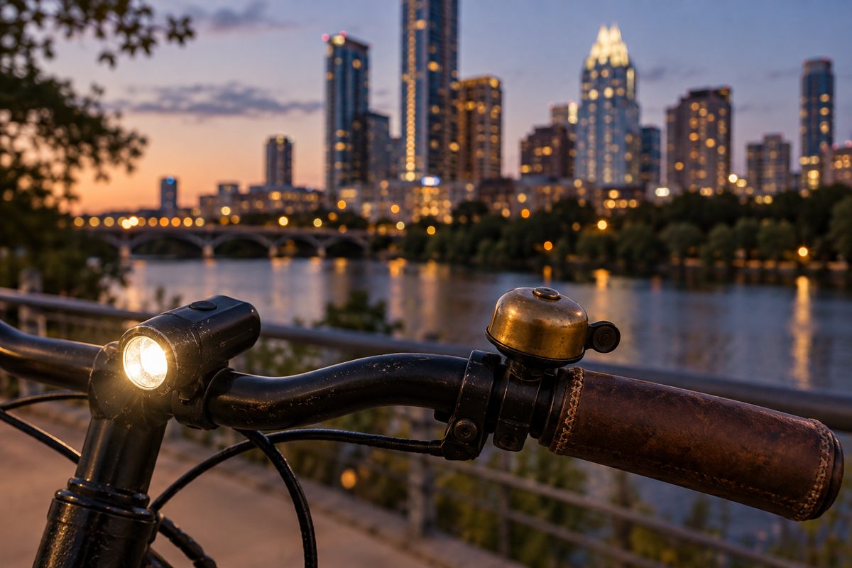 Front light and brass bell mounted on a city bike handlebar at dusk