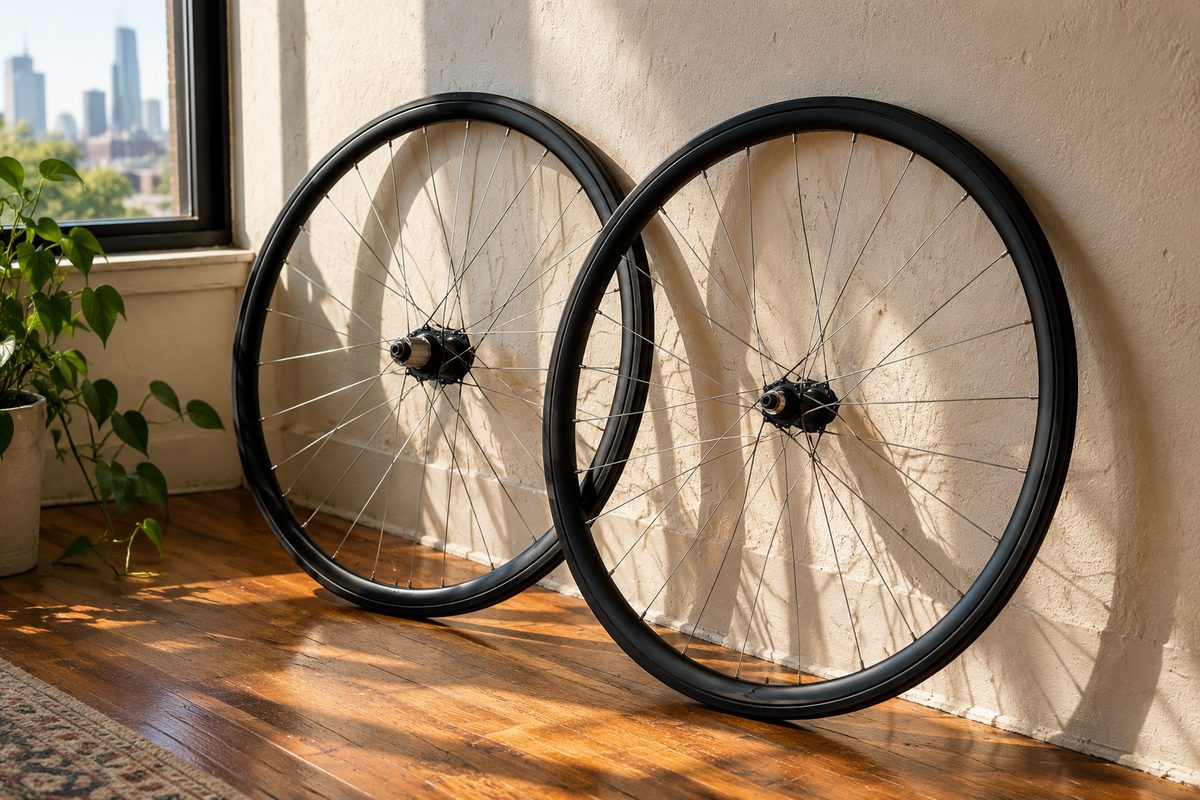 Pair of 700c road bike wheels leaning against a plaster wall