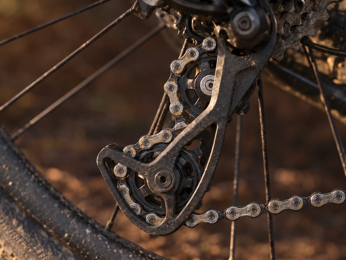 Chain running through a rear derailleur pulley cage