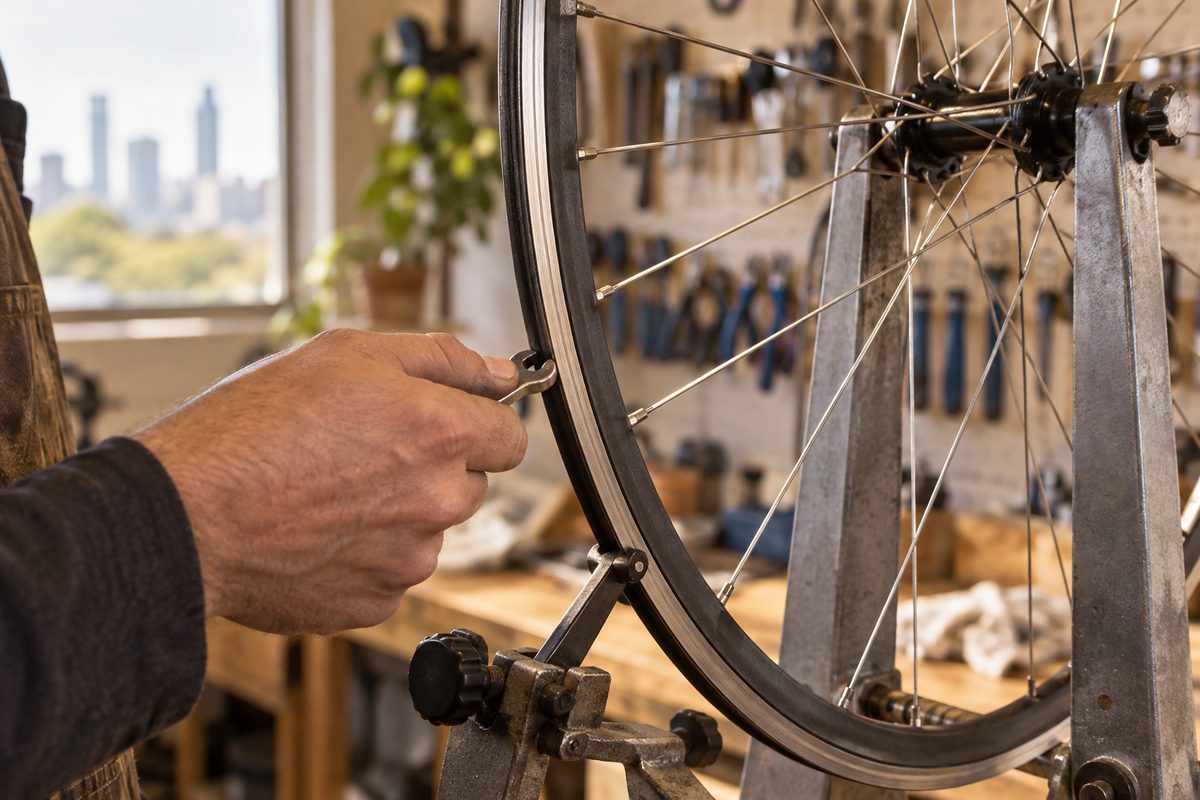 Hand truing a road bike wheel in a truing stand with a spoke wrench